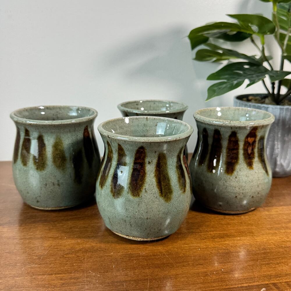 Set of 4 Handmade Studio Pottery Tumblers Cups Mugs Green Brown Speckled Glaze